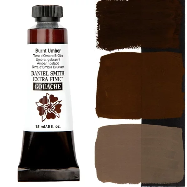 A tube of Burnt Umber S1 Daniel Smith Extra Fine Gouache 15ml is shown vertically, along the left hand side of the frame. The tube has a white body, with black text that describes the colour and product details and the Daniel Smith Logo. The end of the tube has a black band and it has a black, plastic, screw on lid. The Daniel Smith flower logo is also printed on the front of the tube. There is a colour swatch of the paint, down the right hand side of the frame, vertically. It is shown on a white background and a black background and there are 3 swatches, showing the paint in it's purest form, used directly from the tube, as well as the paint when diluted with water, so it becomes more transparent. On a white background.