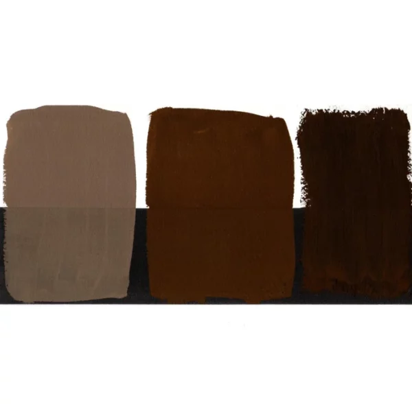 There is a colour swatch of the Burnt Umber S1 Daniel Smith Extra Fine Gouache 15ml Paint, shown in the center of the frame, horizontally. It is shown on a white background and a black background and there are 3 swatches, showing the paint in it's purest form, used directly from the tube, as well as the paint when diluted with water, so it becomes more transparent. On a white background.