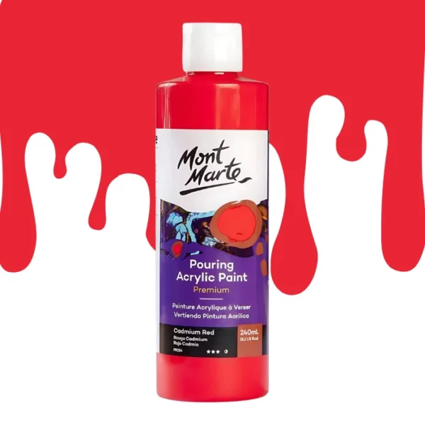 A single bottle of Cadmium Red Mont Marte Pouring Acrylic Paint is shown in the center of the frame. The bottle is clear plastic so you can see the colour of the paint through the bottle. It has a white flip top cap and a printed label around the body of the bottle. The label is white and purple and has the Mont Marte logo printed at the top with the colour name and product details below. There is a drip paint background at the back of the bottle, at the top of the frame, in the colour of the paint.