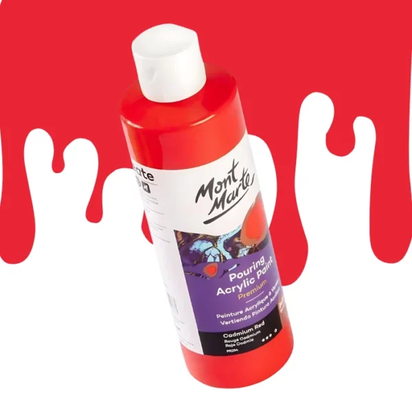 A single bottle of Cadmium Red Mont Marte Pouring Acrylic Paint is shown in the center of the frame at a slight angle. The bottle is clear plastic so you can see the colour of the paint through the bottle. It has a white flip top cap and a printed label around the body of the bottle. The label is white and purple and has the Mont Marte logo printed at the top with the colour name and product details below. There is a drip paint background at the back of the bottle, at the top of the frame, in the colour of the paint.