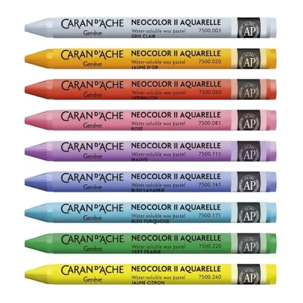 There are 9 Caran D'Ache Neocolor II Watersoluble Oil Pastels laying horizontally, one under the other in the center of the frame. Each pastel is a different colour. The pastels have a paper wrapper around the body which is coloured to match the colour of the pastel. The Caran D'Ache logo and product details are printed in black text on the wrapper. On a white background.