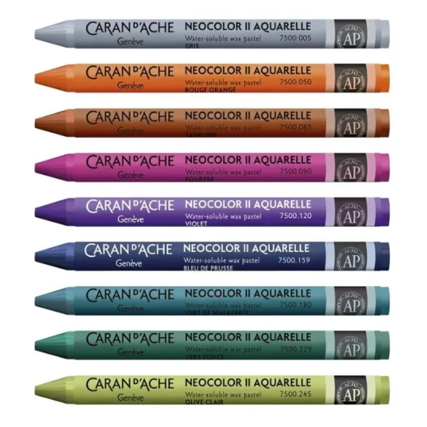 There are 9 Caran D'Ache Neocolor II Watersoluble Oil Pastels laying horizontally, one under the other in the center of the frame. Each pastel is a different colour. The pastels have a paper wrapper around the body which is coloured to match the colour of the pastel. The Caran D'Ache logo and product details are printed in black text on the wrapper. On a white background.