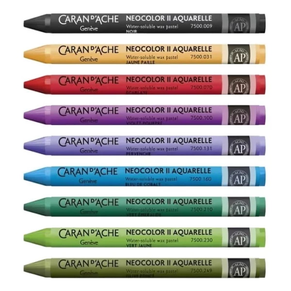 There are 9 Caran D'Ache Neocolor II Watersoluble Oil Pastels laying horizontally, one under the other in the center of the frame. Each pastel is a different colour. The pastels have a paper wrapper around the body which is coloured to match the colour of the pastel. The Caran D'Ache logo and product details are printed in black text on the wrapper. On a white background.