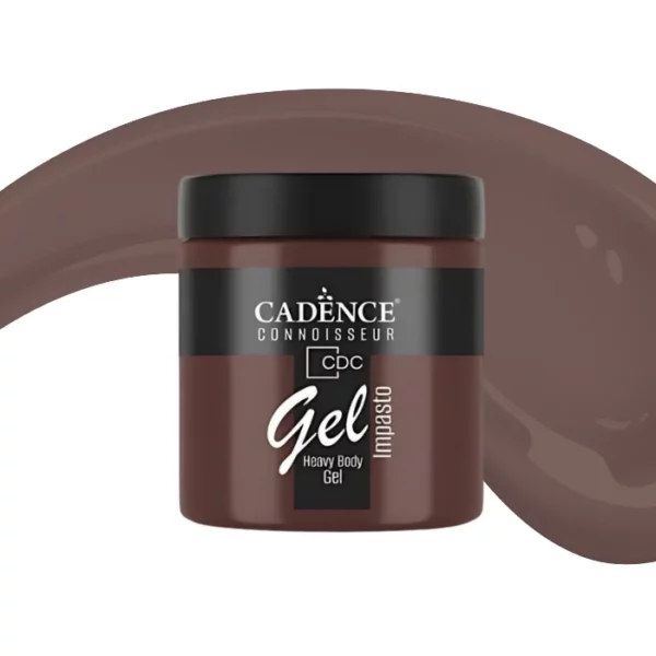 A single jar of Carob Cadence Connoissuer Heavy Body Gel Acrylic is shown in the center of the frame. The jar is made of clear plastic and has a black plastic, screw on lid. You can see the colour of the paint through the clear jar. There is a label around the body of the jar that has the Cadence logo and product name and details printed on the label. There is a colour swatch swirl behind the jar that denotes the colour of the paint. On a white background.