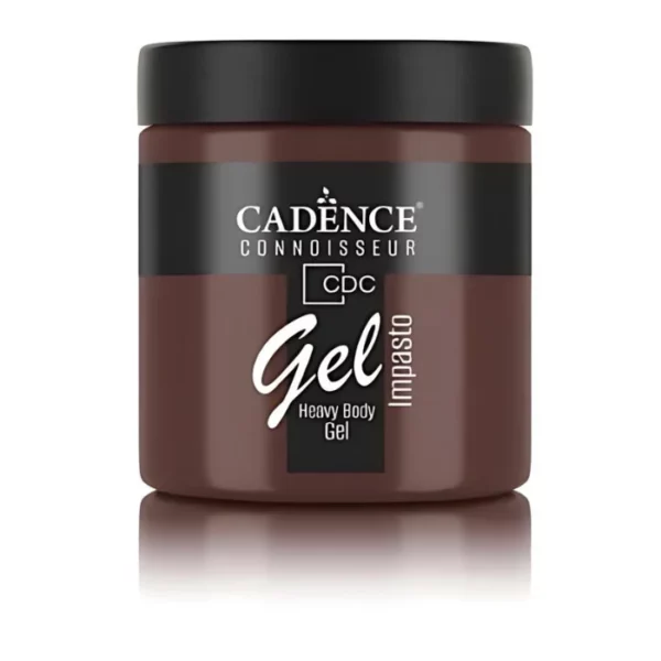 A single jar of Carob Cadence Connoissuer Heavy Body Gel Acrylic is shown in the center of the frame. The jar is made of clear plastic and has a black plastic, screw on lid. You can see the colour of the paint through the clear jar. There is a label around the body of the jar that has the Cadence logo and product name and details printed on the label. There is a reflection below the bottle. On a white background.