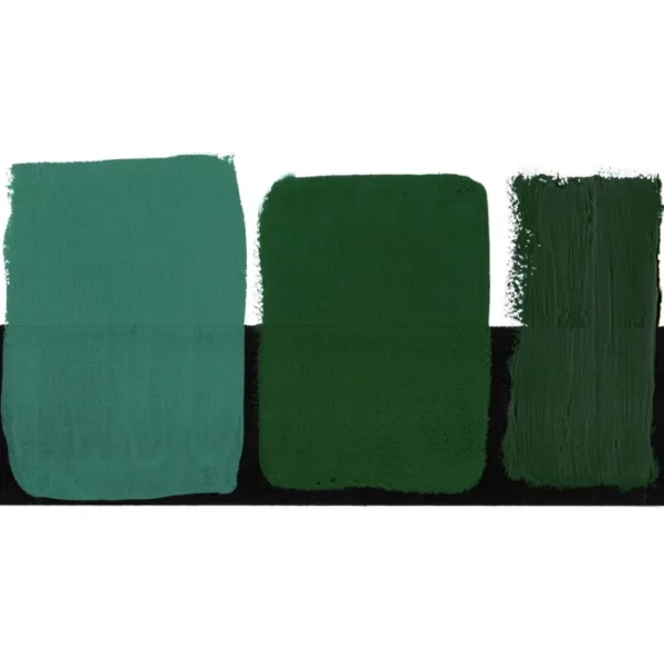 There is a colour swatch of the Cascade Green S1 Daniel Smith Extra Fine Gouache 15ml Paint, shown in the center of the frame, horizontally. It is shown on a white background and a black background and there are 3 swatches, showing the paint in it's purest form, used directly from the tube, as well as the paint when diluted with water, so it becomes more transparent. On a white background.