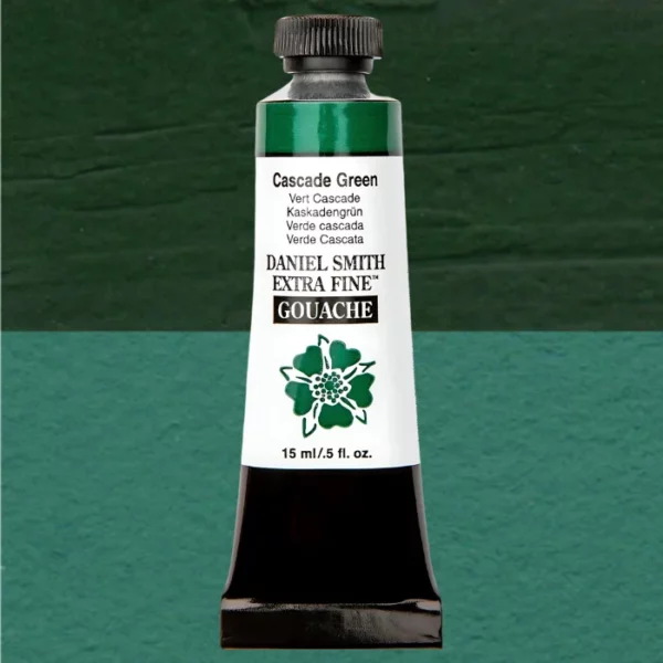 A tube of Cascade Green S1 Daniel Smith Extra Fine Gouache 15ml is shown vertically, in the center of the frame. The tube has a white body, with black text that describes the colour and product details and the Daniel Smith Logo. The end of the tube has a black band and it has a black, plastic, screw on lid. The Daniel Smith flower logo is also printed on the front of the tube. The tube of paint overlays a colour swatch in the background that fills the entire frame and shows the colour of the tube.