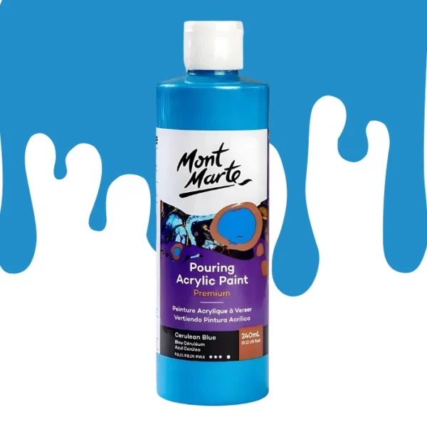 A single bottle of Cerulean Blue Mont Marte Pouring Acrylic Paint is shown in the center of the frame. The bottle is clear plastic so you can see the colour of the paint through the bottle. It has a white flip top cap and a printed label around the body of the bottle. The label is white and purple and has the Mont Marte logo printed at the top with the colour name and product details below. There is a drip paint background at the back of the bottle, at the top of the frame, in the colour of the paint.