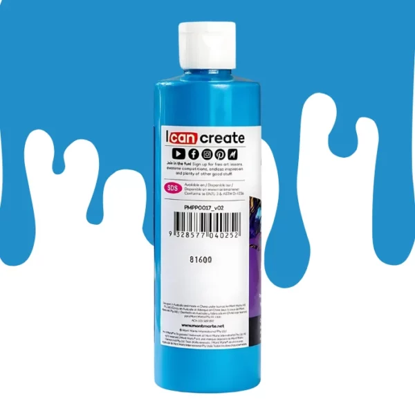 A single bottle of Cerulean Blue Mont Marte Pouring Acrylic Paint is shown in the center of the frame. It is the back of the bottle. The bottle is clear plastic so you can see the colour of the paint through the bottle. It has a white flip top cap and a printed label around the body of the bottle. The label is white and has black text describing the product. There is a drip paint background at the back of the bottle, at the top of the frame, in the colour of the paint.