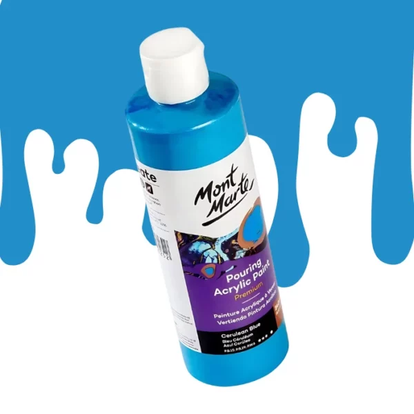 A single bottle of Cerulean Blue Mont Marte Pouring Acrylic Paint is shown in the center of the frame at a slight angle. The bottle is clear plastic so you can see the colour of the paint through the bottle. It has a white flip top cap and a printed label around the body of the bottle. The label is white and purple and has the Mont Marte logo printed at the top with the colour name and product details below. There is a drip paint background at the back of the bottle, at the top of the frame, in the colour of the paint.