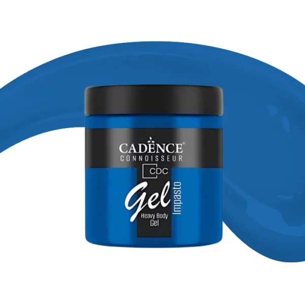 A single jar of China Blue Cadence Connoissuer Heavy Body Gel Acrylic is shown in the center of the frame. The jar is made of clear plastic and has a black plastic, screw on lid. You can see the colour of the paint through the clear jar. There is a label around the body of the jar that has the Cadence logo and product name and details printed on the label. There is a colour swatch swirl behind the jar that denotes the colour of the paint. On a white background.