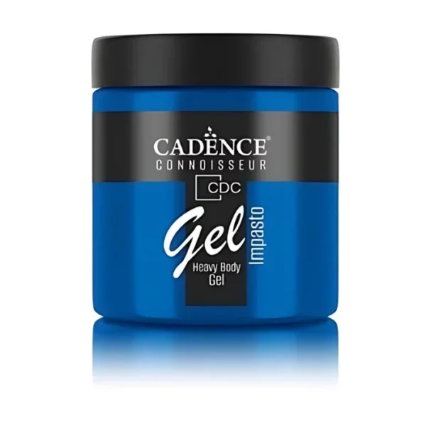 A single jar of China Blue Cadence Connoissuer Heavy Body Gel Acrylic is shown in the center of the frame. The jar is made of clear plastic and has a black plastic, screw on lid. You can see the colour of the paint through the clear jar. There is a label around the body of the jar that has the Cadence logo and product name and details printed on the label. There is a reflection below the bottle. On a white background.