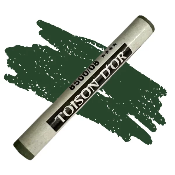 A single Chromium Green Dark Koh-I-Noor Toison D’Or Soft Pastel is shown diagonally, across the center of the frame. The pastel has a paper wrapper around the body, which is printed in black with the brand name and product colour number. There is a colour swatch in the center of the background, behind the pastel, that indicates the colour of the pastel. On a white background.