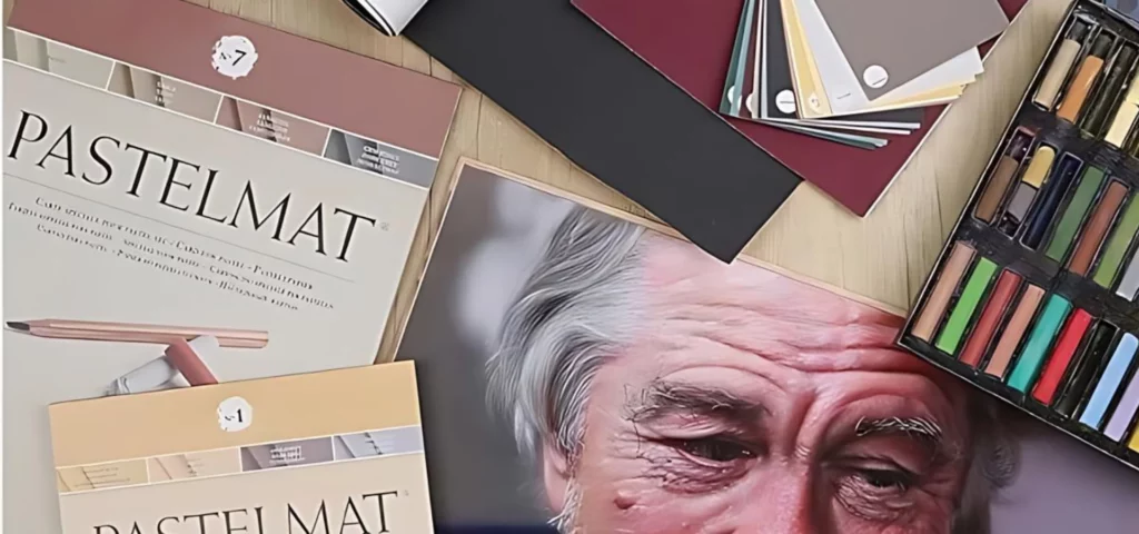 Clairefontaine Pastelmat. There are a few pads laying on a table top along the left hand side of the frame. There is a drawing of Robert De Niro to the right of the pads, made using pastels on the paper. There is a set of chalk pastels above the picture and loose sheets of paper towards the top of the frame.