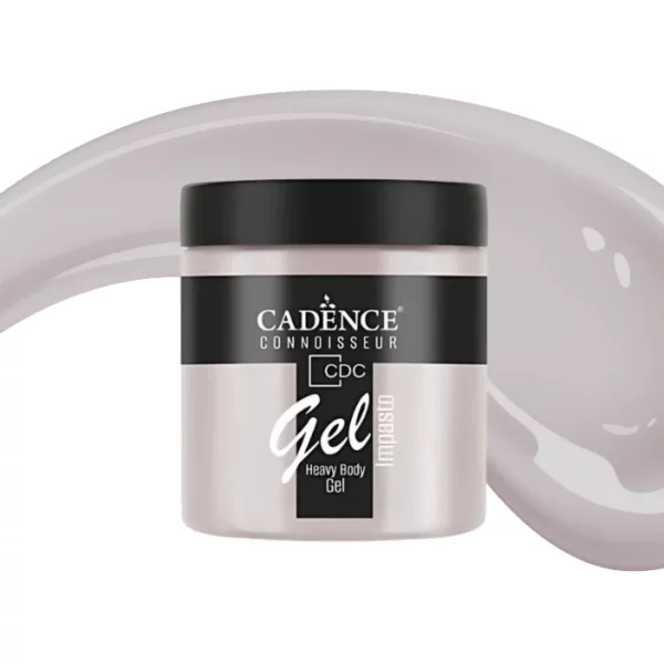 A single jar of Clay Cadence Connoissuer Heavy Body Gel Acrylic is shown in the center of the frame. The jar is made of clear plastic and has a black plastic, screw on lid. You can see the colour of the paint through the clear jar. There is a label around the body of the jar that has the Cadence logo and product name and details printed on the label. There is a colour swatch swirl behind the jar that denotes the colour of the paint. On a white background.