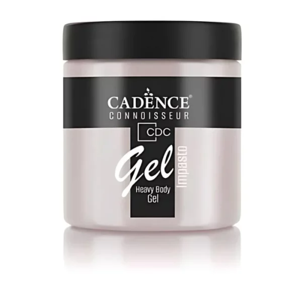 A single jar of Clay Cadence Connoissuer Heavy Body Gel Acrylic is shown in the center of the frame. The jar is made of clear plastic and has a black plastic, screw on lid. You can see the colour of the paint through the clear jar. There is a label around the body of the jar that has the Cadence logo and product name and details printed on the label. There is a reflection below the bottle. On a white background.