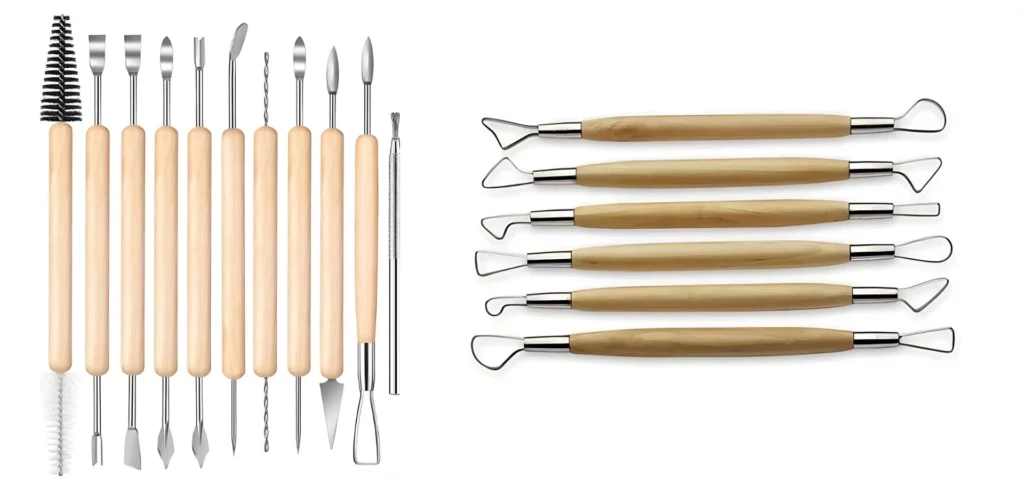 these clay tools are two images next to eachother. on the right hand side are double ended ribbon tools that are lying horizontally across the screen. they are loop tools. they have woodedn handles and metal loops. on the left hand side of the image is th other set that is also double ended but has different types of ends, like paddles and hooks and trees. they are all lying vertical on the image. both images are on a white background