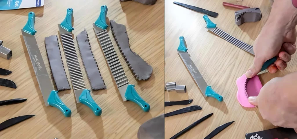 the clay tools are two images. on the left hand side image there are various clay knives that have been laid out next to clay that they have cut with different shapes. they knives are silver with teal handles and the clay is grey on a wooden table. on the right hand side is the image of the same teal clay knives and they are scattered around the table with one knife being used to show how they are flexable and can bend to cut different shapes out of clay.. ona brown wooden tabletop background.