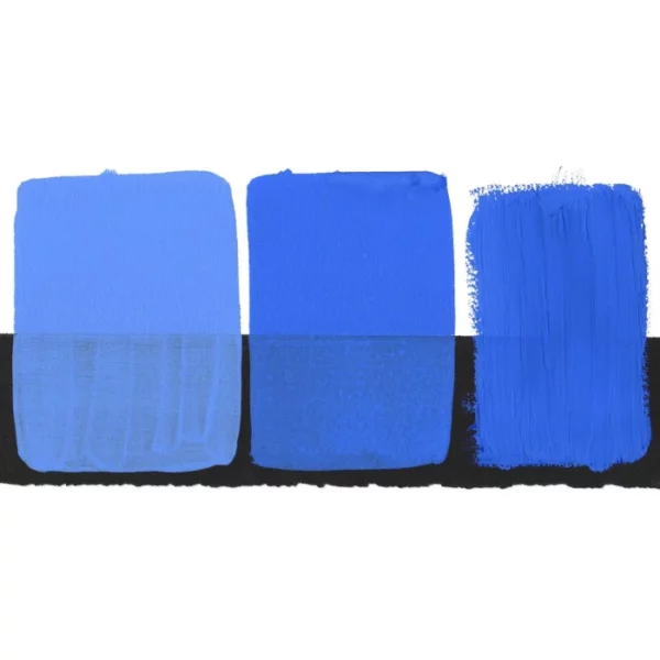 There is a colour swatch of the Cobalt Blue S3 Daniel Smith Extra Fine Gouache 15ml Paint, shown in the center of the frame, horizontally. It is shown on a white background and a black background and there are 3 swatches, showing the paint in it's purest form, used directly from the tube, as well as the paint when diluted with water, so it becomes more transparent. On a white background.