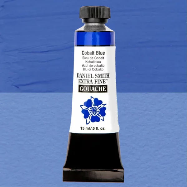 A tube of Cobalt Blue S3 Daniel Smith Extra Fine Gouache 15ml is shown vertically, in the center of the frame. The tube has a white body, with black text that describes the colour and product details and the Daniel Smith Logo. The end of the tube has a black band and it has a black, plastic, screw on lid. The Daniel Smith flower logo is also printed on the front of the tube. The tube of paint overlays a colour swatch in the background that fills the entire frame and shows the colour of the tube.