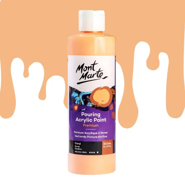 A single bottle of Coral Acrylic Mont Marte Pouring Acrylic Paint is shown in the center of the frame. The bottle is clear plastic so you can see the colour of the paint through the bottle. It has a white flip top cap and a printed label around the body of the bottle. The label is white and purple and has the Mont Marte logo printed at the top with the colour name and product details below. There is a drip paint background at the back of the bottle, at the top of the frame, in the colour of the paint.