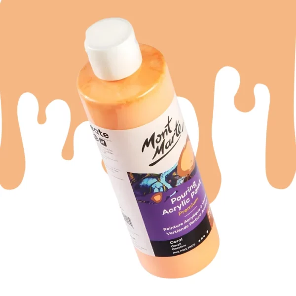 A single bottle of Coral Mont Marte Pouring Acrylic Paint is shown in the center of the frame at a slight angle. The bottle is clear plastic so you can see the colour of the paint through the bottle. It has a white flip top cap and a printed label around the body of the bottle. The label is white and purple and has the Mont Marte logo printed at the top with the colour name and product details below. There is a drip paint background at the back of the bottle, at the top of the frame, in the colour of the paint.