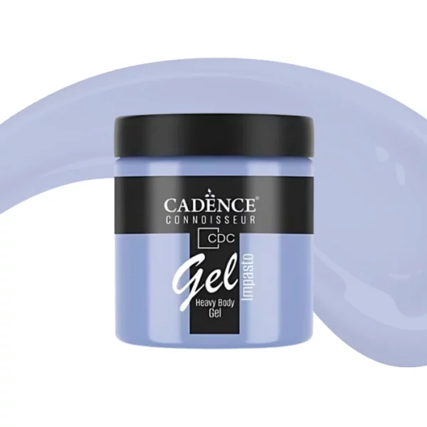 A single jar of Cornflower Cadence Connoissuer Heavy Body Gel Acrylic is shown in the center of the frame. The jar is made of clear plastic and has a black plastic, screw on lid. You can see the colour of the paint through the clear jar. There is a label around the body of the jar that has the Cadence logo and product name and details printed on the label. There is a colour swatch swirl behind the jar that denotes the colour of the paint. On a white background.