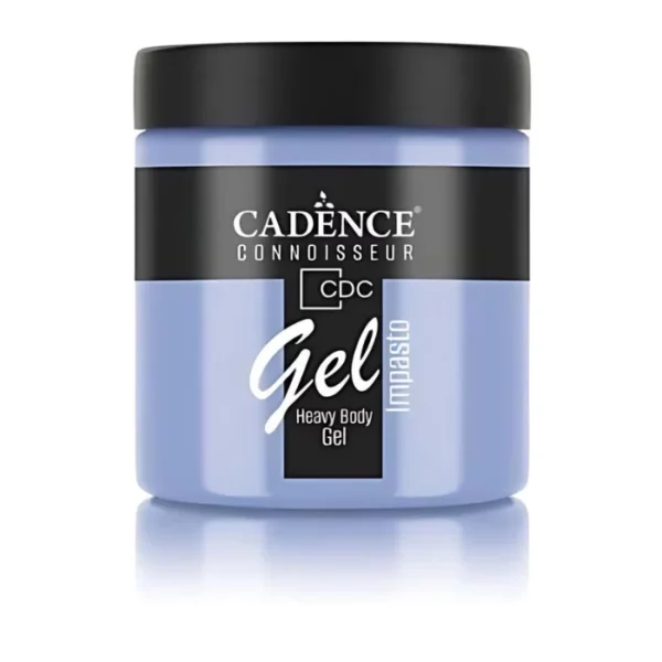 A single jar of Cornflower Cadence Connoissuer Heavy Body Gel Acrylic is shown in the center of the frame. The jar is made of clear plastic and has a black plastic, screw on lid. You can see the colour of the paint through the clear jar. There is a label around the body of the jar that has the Cadence logo and product name and details printed on the label. There is a reflection below the bottle. On a white background.