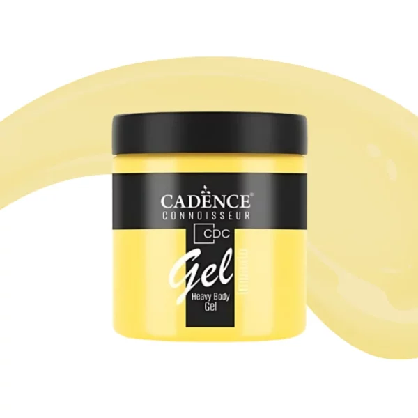 A single jar of Daisy Cadence Connoissuer Heavy Body Gel Acrylic is shown in the center of the frame. The jar is made of clear plastic and has a black plastic, screw on lid. You can see the colour of the paint through the clear jar. There is a label around the body of the jar that has the Cadence logo and product name and details printed on the label. There is a colour swatch swirl behind the jar that denotes the colour of the paint. On a white background.