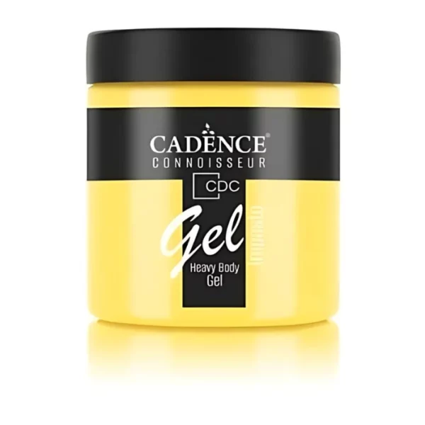 A single jar of Daisy Cadence Connoissuer Heavy Body Gel Acrylic is shown in the center of the frame. The jar is made of clear plastic and has a black plastic, screw on lid. You can see the colour of the paint through the clear jar. There is a label around the body of the jar that has the Cadence logo and product name and details printed on the label. There is a reflection below the bottle. On a white background.