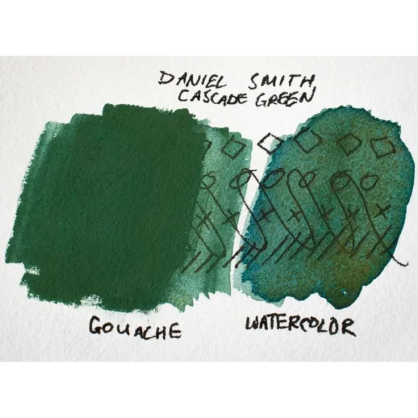 A colour swatch comparison for Daniel Smith Extra Fine Gouache Paint and Daniel Smith Watercolour Paint, side by side. The colour used is Cascade green, and you can see that the gouache paint is far more opaque than the watercolour. On a white background.