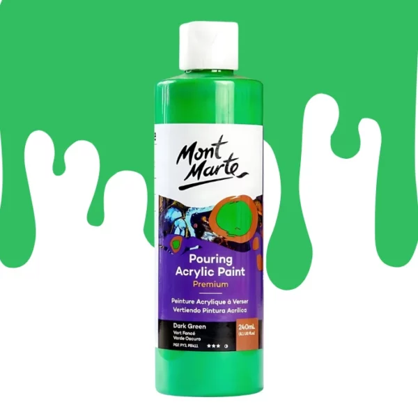 A single bottle of Dark Green Mont Marte Pouring Acrylic Paint is shown in the center of the frame. The bottle is clear plastic so you can see the colour of the paint through the bottle. It has a white flip top cap and a printed label around the body of the bottle. The label is white and purple and has the Mont Marte logo printed at the top with the colour name and product details below. There is a drip paint background at the back of the bottle, at the top of the frame, in the colour of the paint.