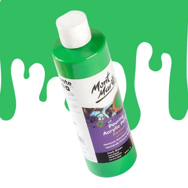 A single bottle of Dark Green Mont Marte Pouring Acrylic Paint is shown in the center of the frame at a slight angle. The bottle is clear plastic so you can see the colour of the paint through the bottle. It has a white flip top cap and a printed label around the body of the bottle. The label is white and purple and has the Mont Marte logo printed at the top with the colour name and product details below. There is a drip paint background at the back of the bottle, at the top of the frame, in the colour of the paint.