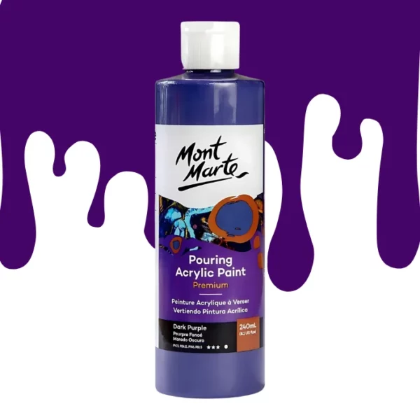 A single bottle of Dark Purple Mont Marte Pouring Acrylic Paint is shown in the center of the frame. The bottle is clear plastic so you can see the colour of the paint through the bottle. It has a white flip top cap and a printed label around the body of the bottle. The label is white and purple and has the Mont Marte logo printed at the top with the colour name and product details below. There is a drip paint background at the back of the bottle, at the top of the frame, in the colour of the paint.