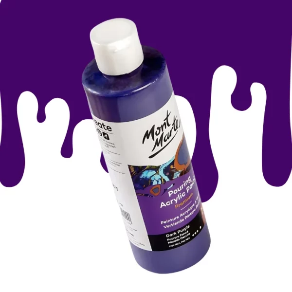 A single bottle of Dark Purple Mont Marte Pouring Acrylic Paint is shown in the center of the frame at a slight angle. The bottle is clear plastic so you can see the colour of the paint through the bottle. It has a white flip top cap and a printed label around the body of the bottle. The label is white and purple and has the Mont Marte logo printed at the top with the colour name and product details below. There is a drip paint background at the back of the bottle, at the top of the frame, in the colour of the paint.