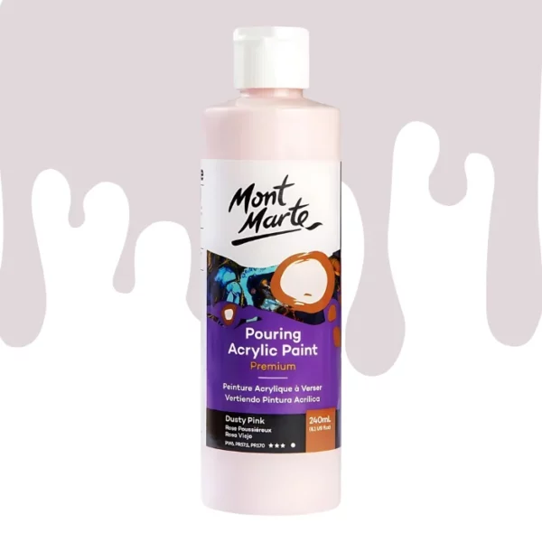 A single bottle of Dusty Pink Mont Marte Pouring Acrylic Paint is shown in the center of the frame. The bottle is clear plastic so you can see the colour of the paint through the bottle. It has a white flip top cap and a printed label around the body of the bottle. The label is white and purple and has the Mont Marte logo printed at the top with the colour name and product details below. There is a drip paint background at the back of the bottle, at the top of the frame, in the colour of the paint.