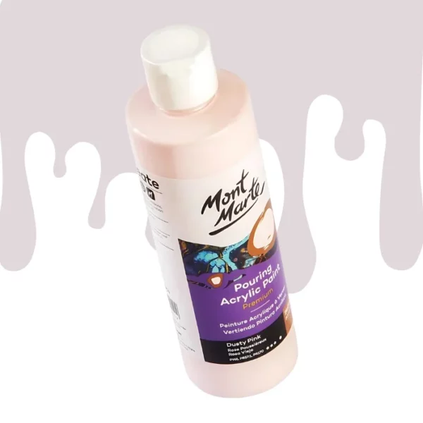 A single bottle of Dusty Pink Mont Marte Pouring Acrylic Paint is shown in the center of the frame at a slight angle. The bottle is clear plastic so you can see the colour of the paint through the bottle. It has a white flip top cap and a printed label around the body of the bottle. The label is white and purple and has the Mont Marte logo printed at the top with the colour name and product details below. There is a drip paint background at the back of the bottle, at the top of the frame, in the colour of the paint.