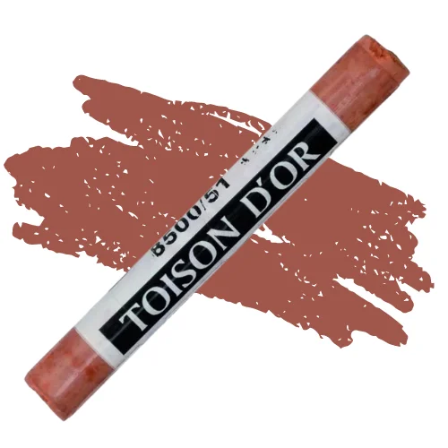 A single English Red Koh-I-Noor Toison D’Or Soft Pastel is shown diagonally, across the center of the frame. The pastel has a paper wrapper around the body, which is printed in black with the brand name and product colour number. There is a colour swatch in the center of the background, behind the pastel, that indicates the colour of the pastel. On a white background.