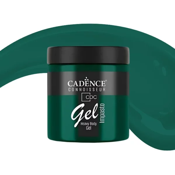 A single jar of Essex Green Cadence Connoissuer Heavy Body Gel Acrylic is shown in the center of the frame. The jar is made of clear plastic and has a black plastic, screw on lid. You can see the colour of the paint through the clear jar. There is a label around the body of the jar that has the Cadence logo and product name and details printed on the label. There is a colour swatch swirl behind the jar that denotes the colour of the paint. On a white background.