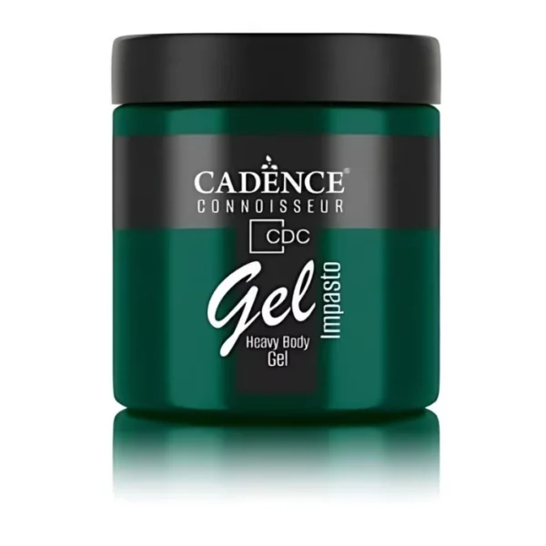 A single jar of Essex Green Cadence Connoissuer Heavy Body Gel Acrylic is shown in the center of the frame. The jar is made of clear plastic and has a black plastic, screw on lid. You can see the colour of the paint through the clear jar. There is a label around the body of the jar that has the Cadence logo and product name and details printed on the label. There is a reflection below the bottle. On a white background.