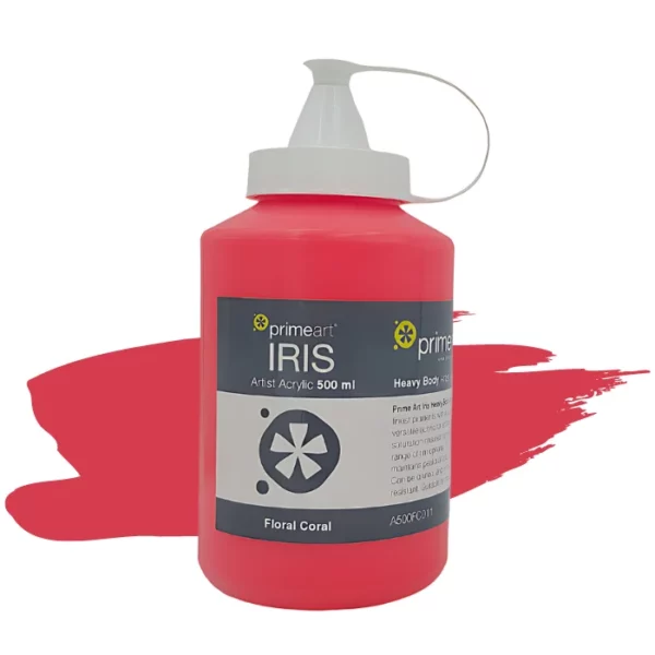 A single bottle of Floral Coral by Kim Black Iris Acrylic Paint 500ml is shown vertically in the center of the frame. The bottle is a clear plastic bottle with a white plastic flip top lid that is hinged to the bottle. There is a label around the body of the bottle that is printed with the Prime Art logo, the product name and details. The image is center of the frame and there is a paint swatch colour behind the bottle that indicates the colour of the paint. On a white background.