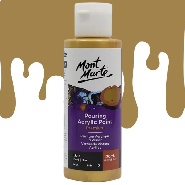 A single bottle of Gold Mont Marte Pouring Acrylic Paint is shown in the center of the frame. The bottle is clear plastic so you can see the colour of the paint through the bottle. It has a white flip top cap and a printed label around the body of the bottle. The label is white and purple and has the Mont Marte logo printed at the top with the colour name and product details below. There is a drip paint background at the back of the bottle, at the top of the frame, in the colour of the paint.