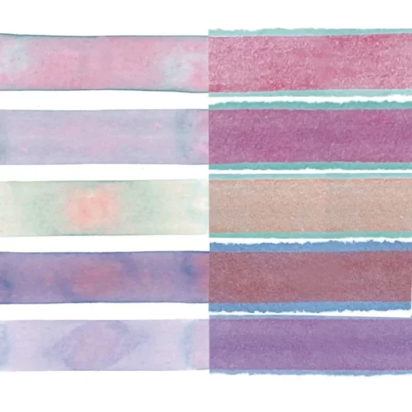 There are 5 horizontal lines that were painted using the Granulating Gansai Tambi Watercolour Set. The paint colours granulate and are pinkish / purplish in colour. On a white background.