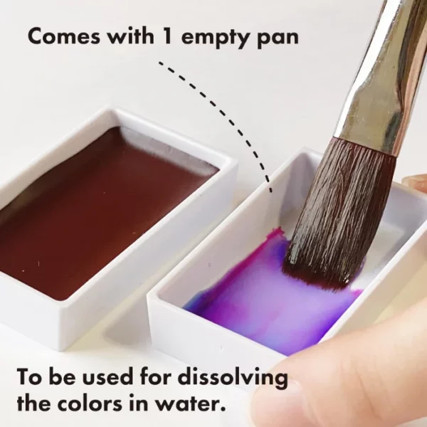 A promotional image for Granulating Gansai Tambi Watercolour Sets. It is a close up of a paint brush being dipped into the empty paint pan mixing colour. There is a red paint pan to the left and there is black text describing how the colours can be dissolved with water.