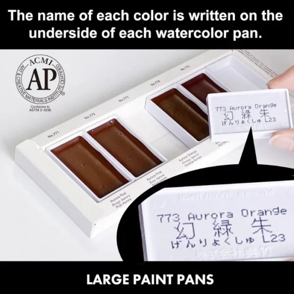 A promotional image for Granulating Gansai Tambi Watercolour Sets. There is a black horizontal rectangle at the top and bottom of the frame. Both contain white text that describes the size of the paint pans as being large. In the center is an image of the paint pans in the base of the packaging.