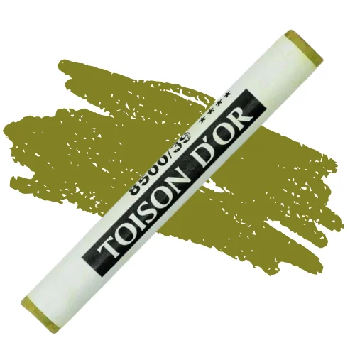 A single Green Olive Koh-I-Noor Toison D’Or Soft Pastel is shown diagonally, across the center of the frame. The pastel has a paper wrapper around the body, which is printed in black with the brand name and product colour number. There is a colour swatch in the center of the background, behind the pastel, that indicates the colour of the pastel. On a white background.