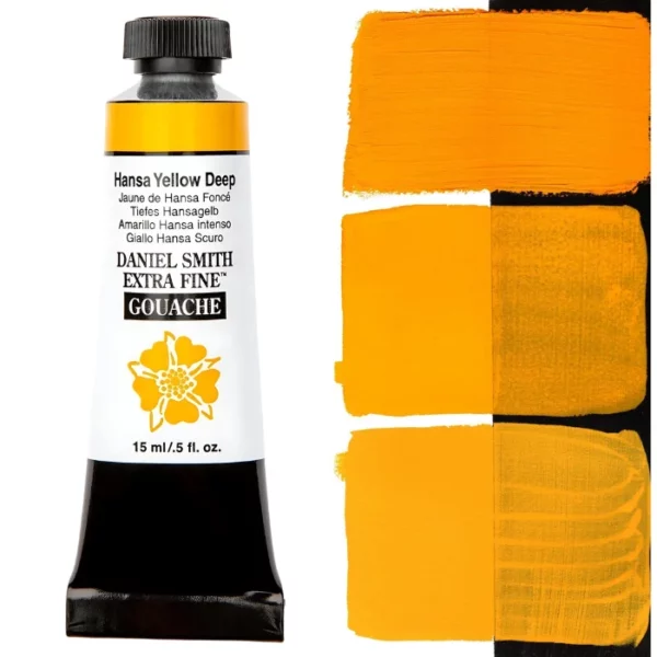 A tube of Hansa Yellow Deep S1 Daniel Smith Extra Fine Gouache 15ml is shown vertically, along the left hand side of the frame. The tube has a white body, with black text that describes the colour and product details and the Daniel Smith Logo. The end of the tube has a black band and it has a black, plastic, screw on lid. The Daniel Smith flower logo is also printed on the front of the tube. There is a colour swatch of the paint, down the right hand side of the frame, vertically. It is shown on a white background and a black background and there are 3 swatches, showing the paint in it's purest form, used directly from the tube, as well as the paint when diluted with water, so it becomes more transparent. On a white background.