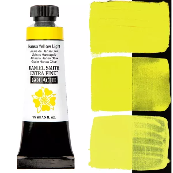 A tube of Hansa Yellow Light S1 Daniel Smith Extra Fine Gouache 15ml is shown vertically, along the left hand side of the frame. The tube has a white body, with black text that describes the colour and product details and the Daniel Smith Logo. The end of the tube has a black band and it has a black, plastic, screw on lid. The Daniel Smith flower logo is also printed on the front of the tube. There is a colour swatch of the paint, down the right hand side of the frame, vertically. It is shown on a white background and a black background and there are 3 swatches, showing the paint in it's purest form, used directly from the tube, as well as the paint when diluted with water, so it becomes more transparent. On a white background.