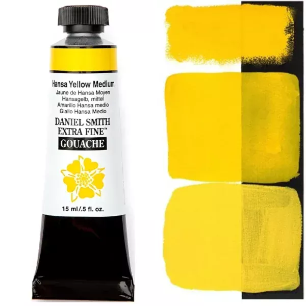 A tube of Hansa Yellow Medium S2 Daniel Smith Extra Fine Gouache 15ml is shown vertically, along the left hand side of the frame. The tube has a white body, with black text that describes the colour and product details and the Daniel Smith Logo. The end of the tube has a black band and it has a black, plastic, screw on lid. The Daniel Smith flower logo is also printed on the front of the tube. There is a colour swatch of the paint, down the right hand side of the frame, vertically. It is shown on a white background and a black background and there are 3 swatches, showing the paint in it's purest form, used directly from the tube, as well as the paint when diluted with water, so it becomes more transparent. On a white background.