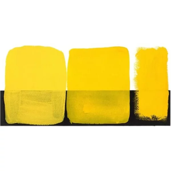 There is a colour swatch of the Hansa Yellow Medium S2 Daniel Smith Extra Fine Gouache 15ml Paint, shown in the center of the frame, horizontally. It is shown on a white background and a black background and there are 3 swatches, showing the paint in it's purest form, used directly from the tube, as well as the paint when diluted with water, so it becomes more transparent. On a white background.